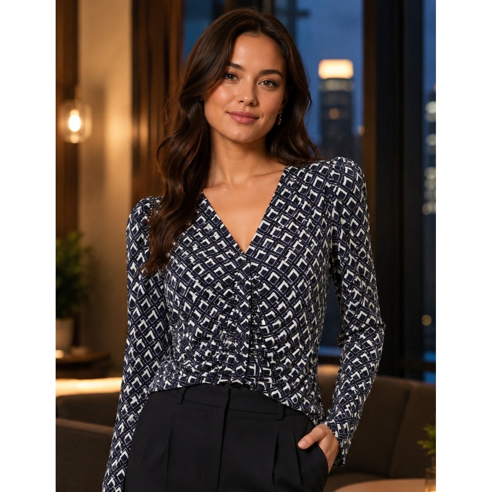 Halogen Navy White Geometric Blouse S Ruched Front Long Sleeve V Neck Officewear